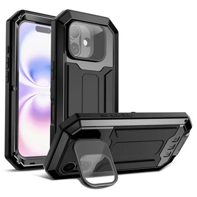R-JUST til iPhone 17 Case PC + Silikone + Metal Bagdæksel med Hærdet Glasfilm - Sort