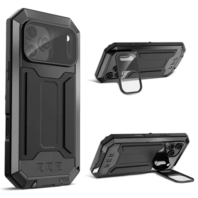 R-JUST til iPhone 17 Pro Case PC + Silikone + Metal Bagdæksel med Hærdet Glas Film - Sort