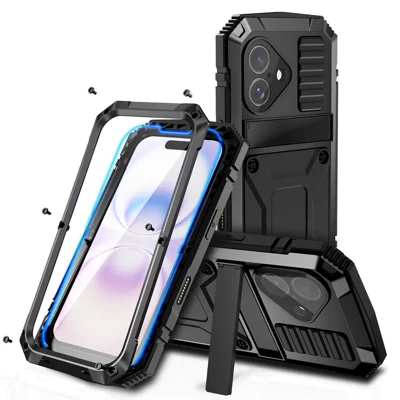 R-JUST til iPhone 17 Case PC + Silikone + Metal Ståstandtelefondæksel med Hærdet Glasfilm - Sort
