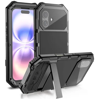 R-JUST til iPhone 17 Case PC + Silikone + Metal Ståstandtelefondæksel med Hærdet Glas Film - Sort