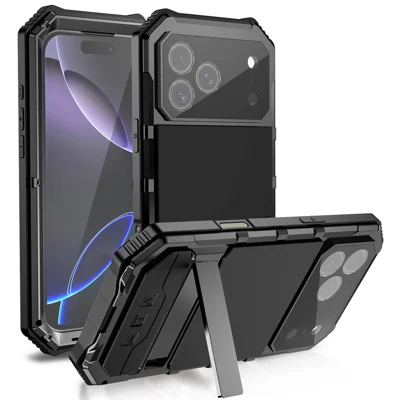 R-JUST For iPhone 17 Pro Case PC + Silicone + Metal Kickstand Phone Cover with Tempered Glass Film - Black