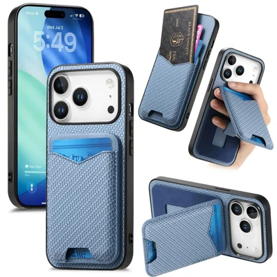For iPhone 18 Pro Max / 17 Pro Max Case Card Holder Kickstand Carbon Fiber Texture Back Cover - Blue
