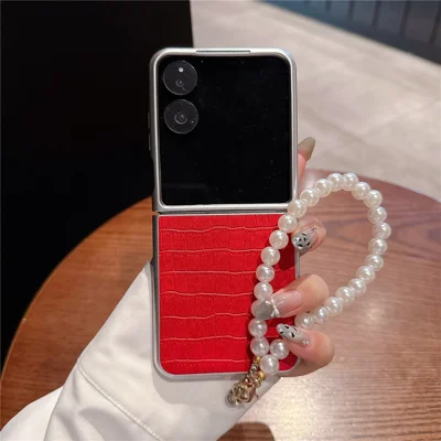 For Xiaomi Mix Flip 2 Case Crocodile Texture PU Leather + PC Phone Cover Pearl Wrist Strap - Red