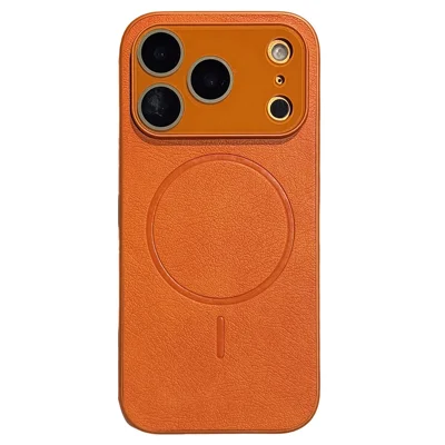 For iPhone 17 Pro Case PU Leather Coated PC TPU Phone Cover Compatible with MagSafe - Orange