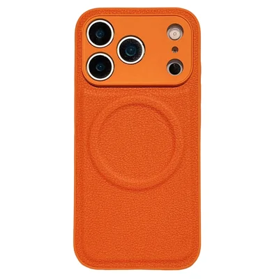 For iPhone 17 Pro Max Case Metal Lens Protection Leather Coated PC TPU Phone Cover Compatible with MagSafe - Orange