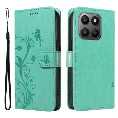 For Honor 400 Smart 4G PU Leather Cases Flower Pattern Wallet Stand Phone Cover with Strap - Green
