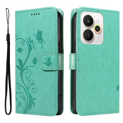 For Realme 15T 5G / Realme 15 5G PU Leather Cases Flower Pattern Wallet Stand Phone Cover with Strap - Green