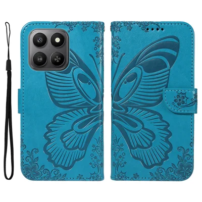 Voor Honor 400 Smart 4G-hoesje met vlindermotief Blauw PU-leer Folio Flip telefoonhoesje