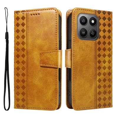 For Honor 400 Smart 4G Leather Case Wallet Stand Grids Imprinted Phone Cover with Strap - Yellow