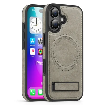 For iPhone 17 hoes compatibel met MagSafe inklapbare standaard leren telefoonhoes - Titanium grijs