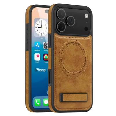 For iPhone 18 Pro / 17 Pro Case Compatible with MagSafe with Folded Kickstand PC Silicone Leather Phone Back Cover - Brown