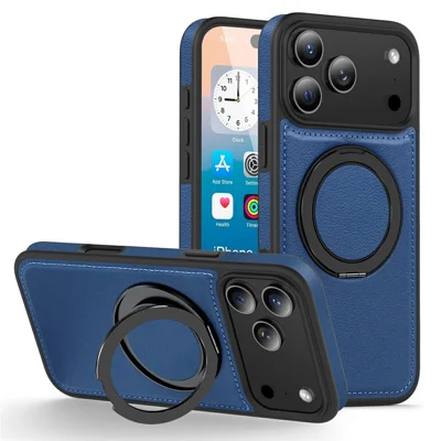 For iPhone 18 Pro / 17 Pro Case with Ring Kickstand Compatible with MagSafe PU Leather Back Cover - Sapphire
