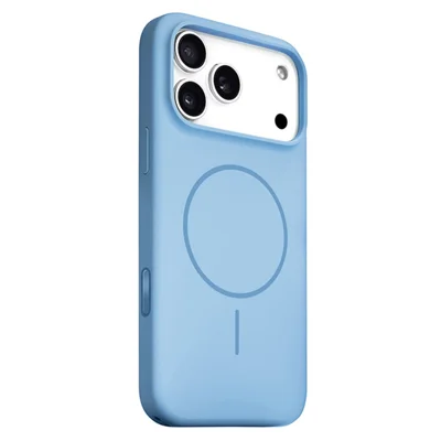 Coque en silicone liquide compatible avec iPhone 17 Pro, avec support MagSafe, trou pour dragonne et bouton IA - Bleu bébé