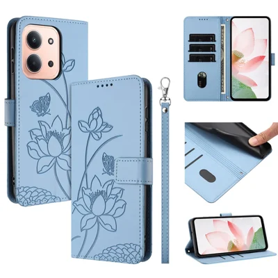 Leather Case For Xiaomi Redmi 15C 5G (EU) (173mm)  /  4G (EU) (173mm)  /  Poco C85 4G (173mm) Lotus Imprint Phone Cover with Wrist Strap - Blue