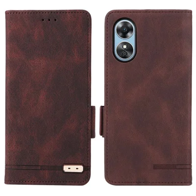 Pour Oppo A17 4G PU en Cuir Stand Flip Couvercle Matériel Décor Double Armure Magnétique du Portefeuille Protecteur du Portefeuille - Café