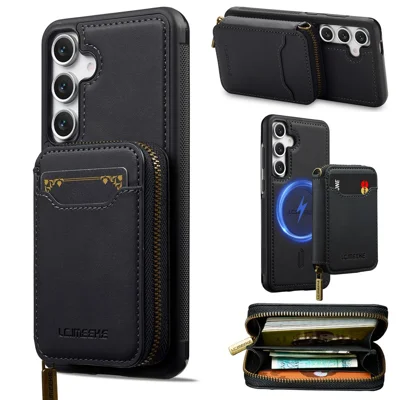 LC.IMEEKE L6 For Samsung Galaxy S23 FE Magnetic Case Detachable Zipper Wallet Leather Coated PC + TPU Phone Cover - Black