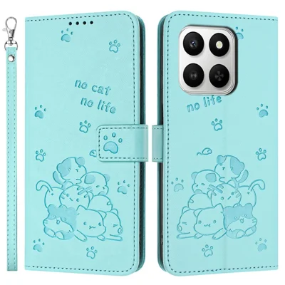 Portemonnee Hoesje voor Honor 400 Smart 5G / 4G / X7d 4G / 5G met Kattenafdruk Leer Telefoonhoes met Bandje - Groen