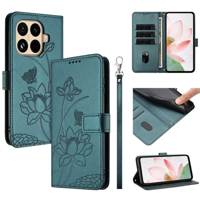 Xiaomi 15T Pro hoesje portemonnee stand lotus imprints leren telefoonhoes met polsbandje - donkergroen