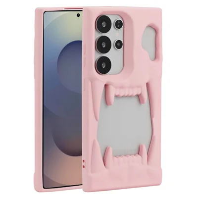 For Samsung Galaxy S24 Ultra Case Hollow Skull Tiger Tooth Design Rubberized TPU Phone Cover - Pink