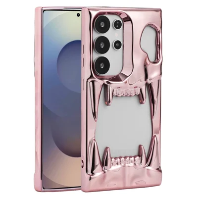 For Samsung Galaxy S24 Ultra Case Hollow Skull Tiger Tooth Design Electroplated TPU Phone Cover - Pink