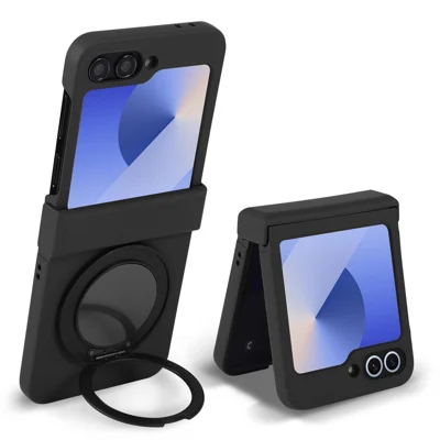 For Samsung Galaxy Z Flip7 5G Magnetic Case CD Vein Rotating Kickstand Electroplated PC Phone Cover - Black