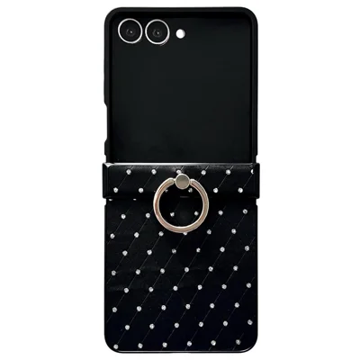 For Samsung Galaxy Z Flip7 5G Case Rhinestones Rhombus Pattern PU + TPU Phone Cover with Ring Holder - Black