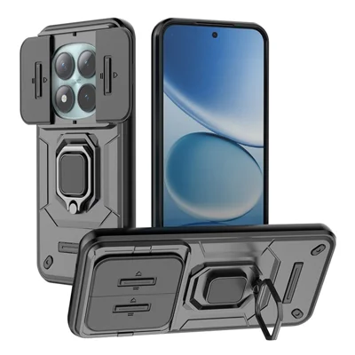 Til Xiaomi Redmi Note 15 Pro+ 5G hylse PC + TPU kickstand telefonbeskytter med linsehætte - Sort