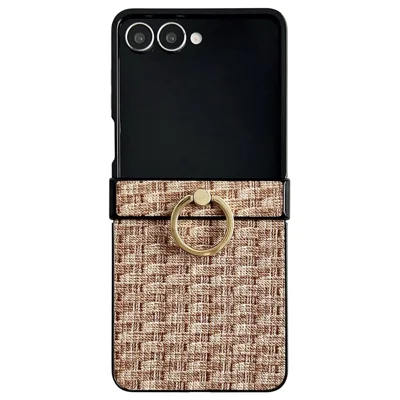 For Samsung Galaxy Z Flip7 5G Case Vintage Woven Pattern PU + TPU Phone Cover with Ring Holder - Khaki