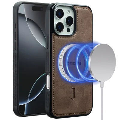 LC.IMEEKE L6 For iPhone 13 Pro Max Case PU Leather Coated PC TPU Phone Cover Compatible with MagSafe - Coffee