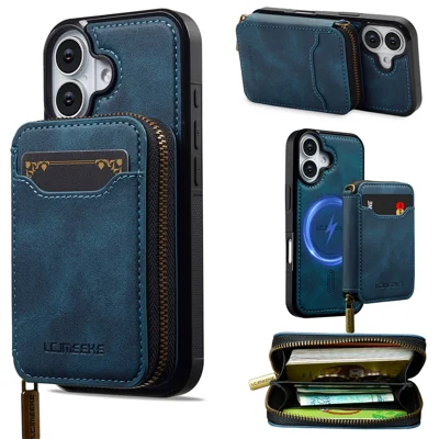 LC.IMEEKE L6 For iPhone 16 Plus Magnetic Case Detachable Zipper Wallet Leather Coated PC + TPU Phone Cover - Blue