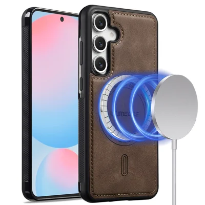LC.IMEEKE L6 For Samsung Galaxy S25+ Magnetic Case PU Leather Coated PC TPU Phone Cover - Coffee