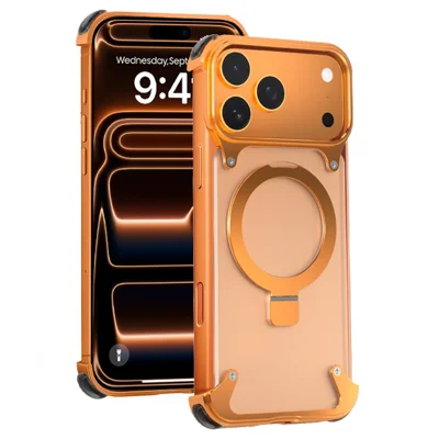 Telefoonhoesje voor iPhone 17 Pro met standaard, compatibel met MagSafe, metalen PC matte achterkant - Oranje