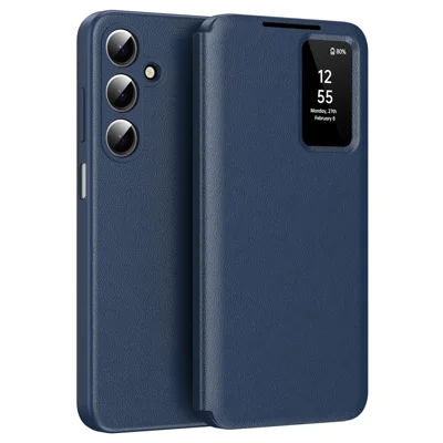 For Samsung Galaxy A17 4G / 5G Case with Card Holder Smart View Window Leather Phone Cover - Sapphire