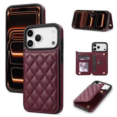 For iPhone 18 Pro / 17 Pro Case with Wrist Strap Card Slots Rhombus Leather + TPU Phone Cover - Wine Red