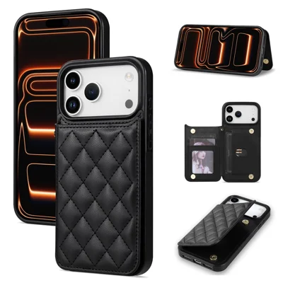 For iPhone 18 Pro Max / 17 Pro Max Case with Wrist Strap Card Slots Rhombus Leather + TPU Phone Cover - Black