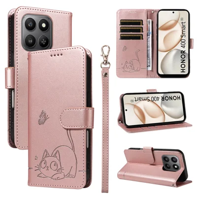For Honor 400 Smart 4G Etui med Katteprint i Læder med Håndloe - Roséguld