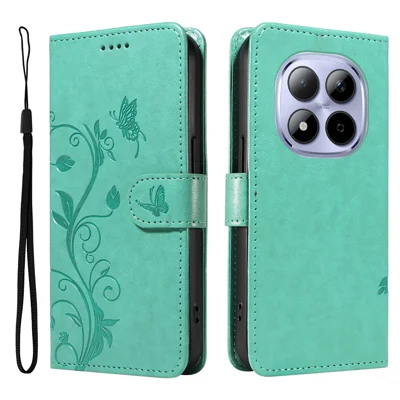 Voor Xiaomi Redmi Note 15 Pro 5G PU Leren Hoesjes met Bloemenpatroon Portemonnee Stand Telefoonhoes met Strap - Groen