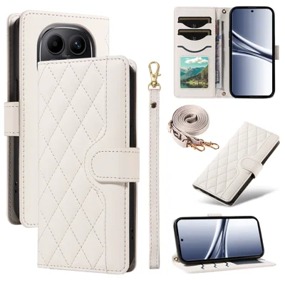 For Xiaomi Poco M8 5G / Redmi Note 15 5G (Global) Wallet Case Rhombus Leather Phone Cover with Strap - White
