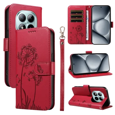 Til Xiaomi Redmi Note 15 Pro+ 5G Læder Wallet Case med Snor Dandelion Print Phone Stand Cover - Rød