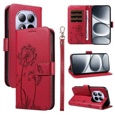 For Xiaomi Redmi Note 15 Pro 5G (Global) Leather Wallet Case with Strap Dandelion Imprint Phone Stand Cover - Red