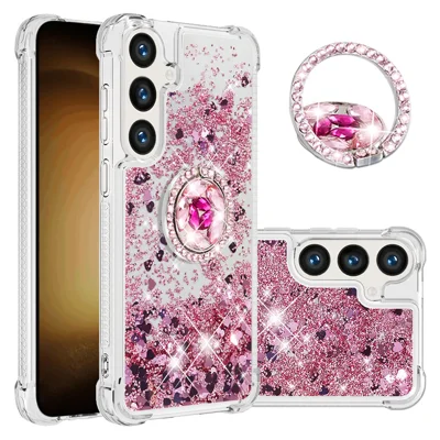 For Samsung Galaxy S26 FE / S25 FE TPU Case with Kickstand Quicksand Shockproof Cover - Rose Gold / Hearts