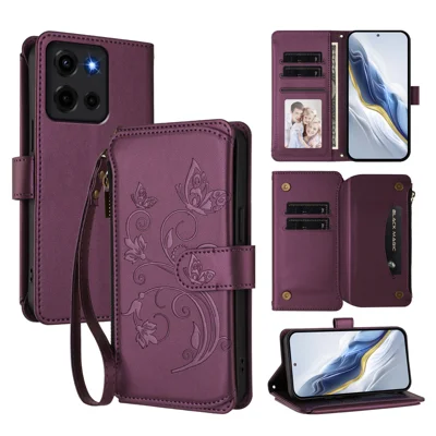 For Motorola Moto G 5G (2026) / G Play 5G (2026) / G 5G (2025) Leather Case Butterfly Floral Imprint Zipper Wallet Stand Cover with Wrist Strap - Purple