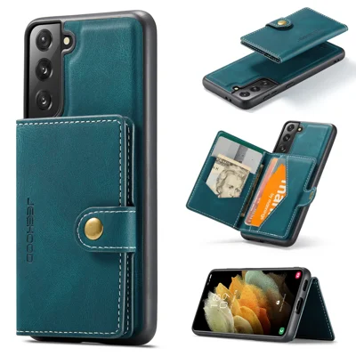 JEEHOOD For Samsung Galaxy S21 5G Case  J01 Retro Leather Phone Back Cover with Detachable Magnetic Card Holder - Blue