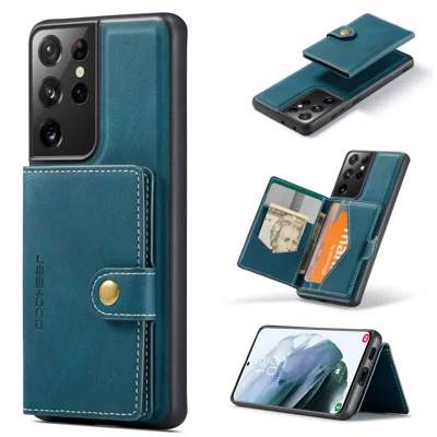 For Samsung Galaxy S21 Ultra 5G Case JEEHOOD J01 Retro Læder Telefon Bagdæksel med Aftagelig Magnetisk Kortholder - Blå