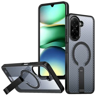 For Xiaomi Redmi A5 4G (171.7mm)  /  Poco C71 4G Magnetic Case Kickstand Grid Texture TPU PC Phone Back Cover - Black