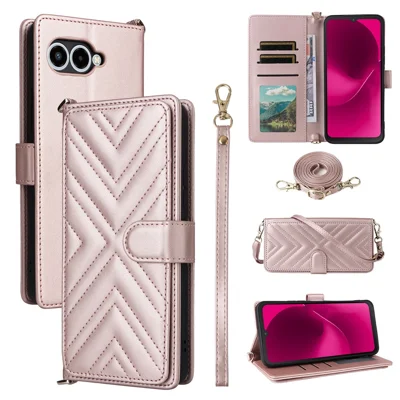 For T-Mobile REVVL 8  /  T Phone 3 Case with Shoulder  /  Wrist Strap Leather Phone Cover Stand Wallet - Pink