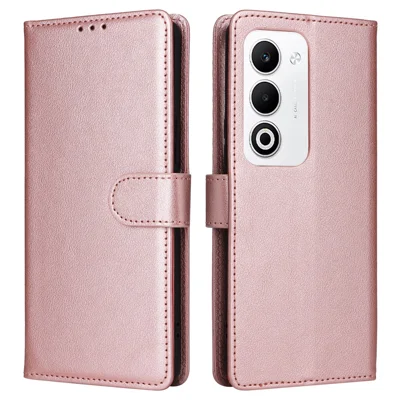 For Oppo A5 5G / 4G / A5m 4G / A5i Pro 4G / A6i 5G / K13x 5G (India) Case Wallet Stand PU Leather Phone Cover with Wrist Strap - Rose Gold