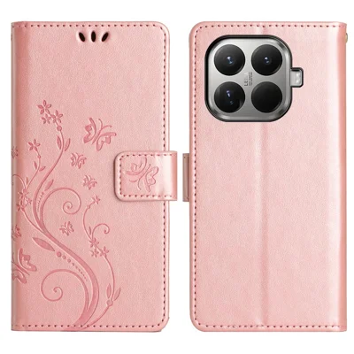 For Xiaomi 15T Pro Leather Wallet Case Butterfly Flower Imprinted Phone Cover with Strap - Rose Gold