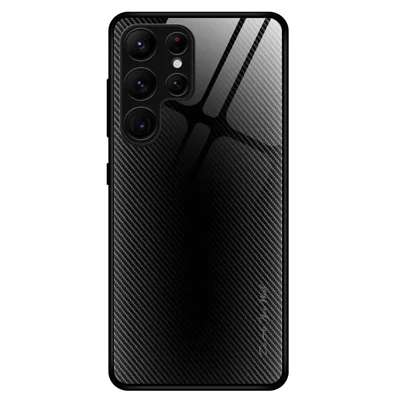 Tempered Glass+TPU Cell Phone Cover for Samsung Galaxy S23 Ultra, Carbon Fiber Texture Anti-Drop Phone Case - Black
