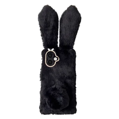 For Samsung Galaxy S26 Case Plush Cute Bunny Winter Fluffy TPU Phone Cover - Black